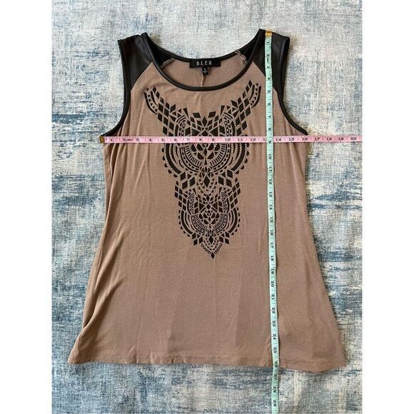 B.L.E.U. Tan Black Studded Long Tank Top w Faux Leather Shoulders Small - Picture 4 of 8